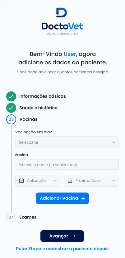 Cadastro guiado de um animal no DoctoVet, na etapa de vacinas.