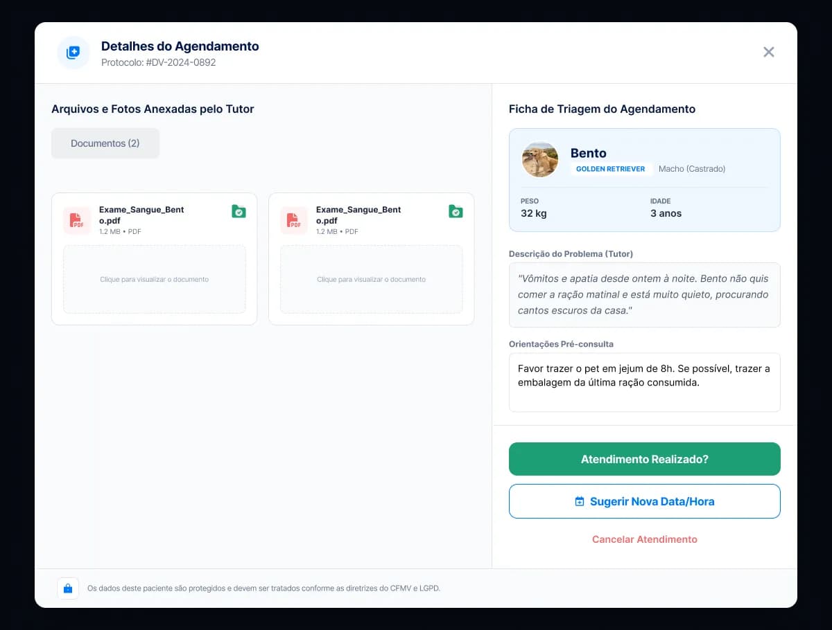 Detalhes de um agendamento no DoctoVet, com ficha de triagem do animal e documentos anexados.