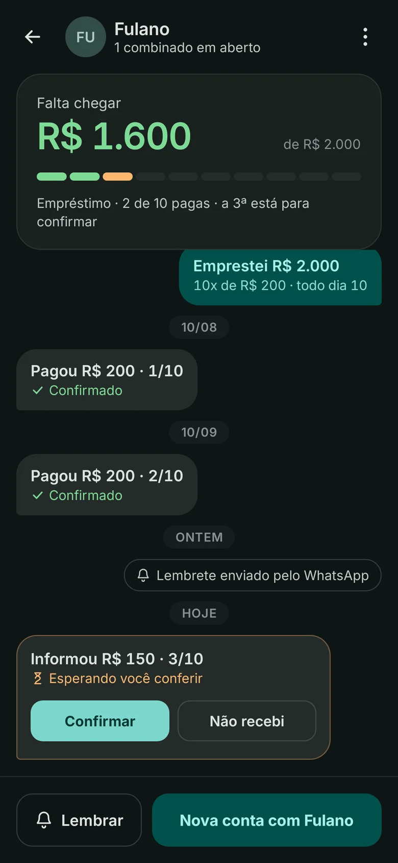 Conversa com uma pessoa no Trato: o que falta chegar, a barra de parcelas e cada pagamento.