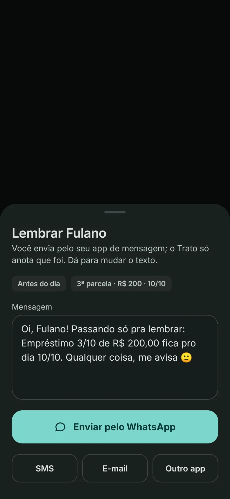 Folha Lembrar do Trato com uma mensagem gentil pronta para enviar pelo WhatsApp, SMS ou e-mail.