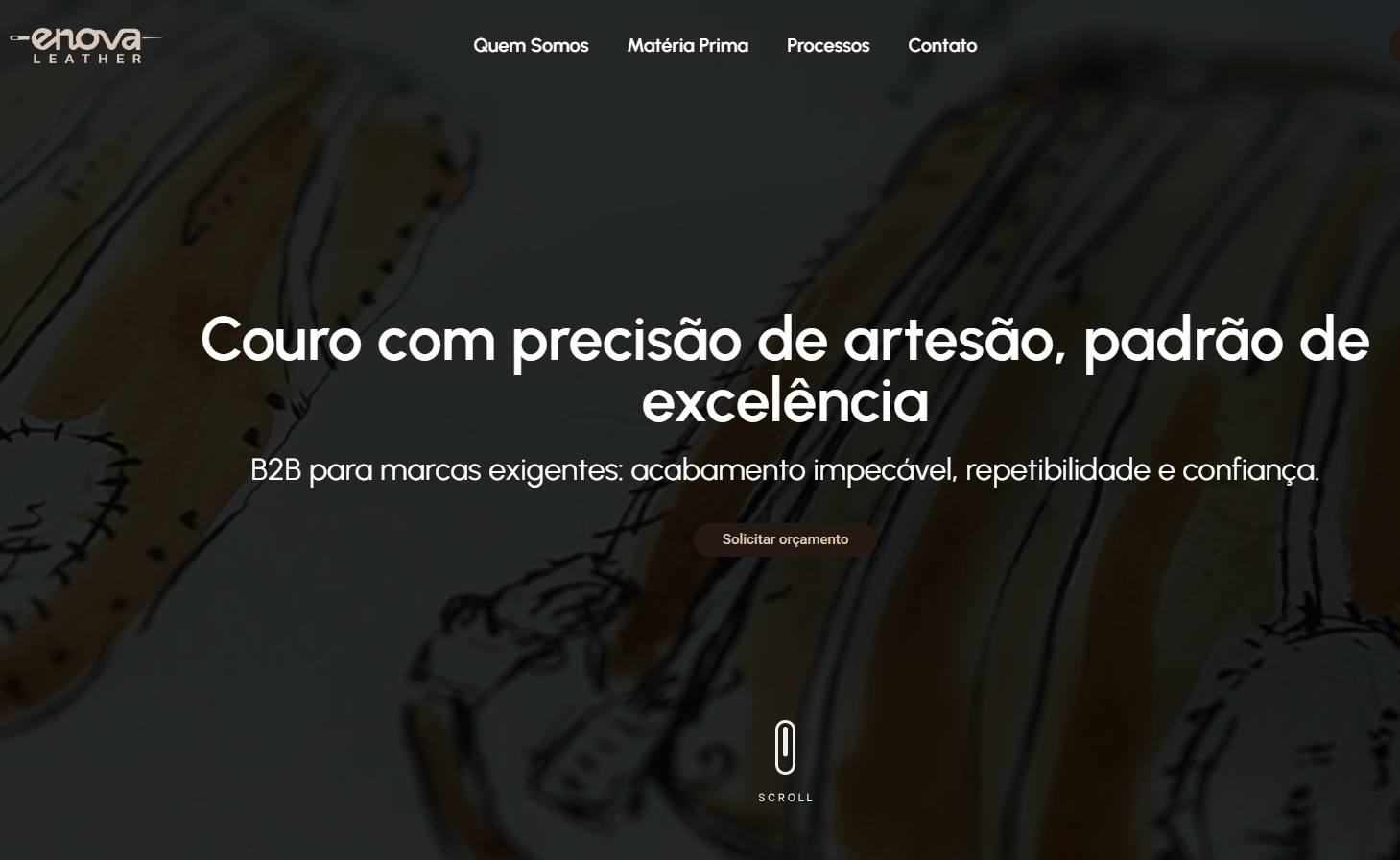 Captura de tela do site Enova Leather, empresa B2B de couro.